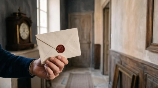 Main tenant une enveloppe officielle d'assignation en justice dans un couloir baigne de lumiere naturelle, symbolisant le compte a rebours des 15 jours