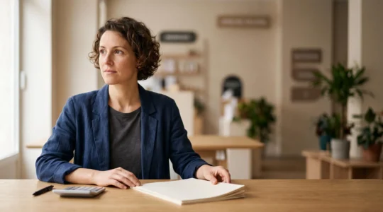 Entrepreneur examinant une facture impayée avec détermination dans un bureau lumineux