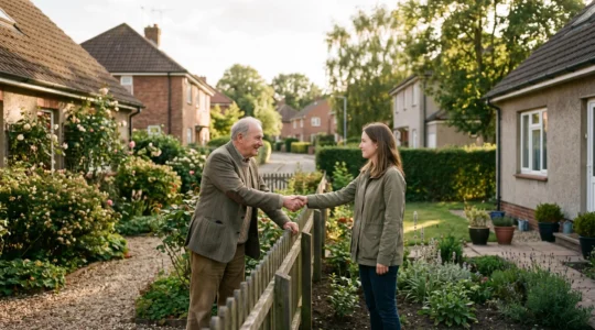 Deux voisins se serrant la main devant leurs maisons mitoyennes après avoir trouvé un accord amiable