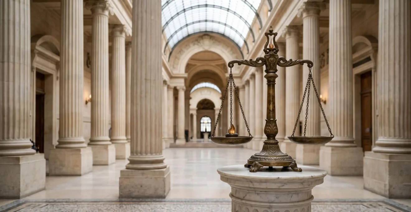 Symbole de la responsabilite civile en France : une balance de justice eclairee dans un palais de justice classique