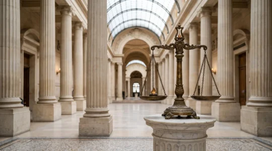 Symbole de la responsabilite civile en France : une balance de justice eclairee dans un palais de justice classique