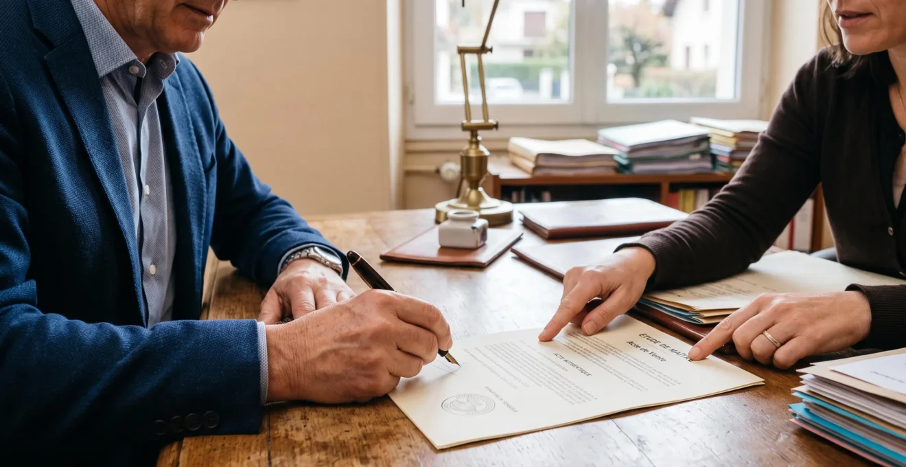 Mains signant un acte authentique notarié sur bureau en bois, stylo plume, sceau notarial visible, dans étude notariale française