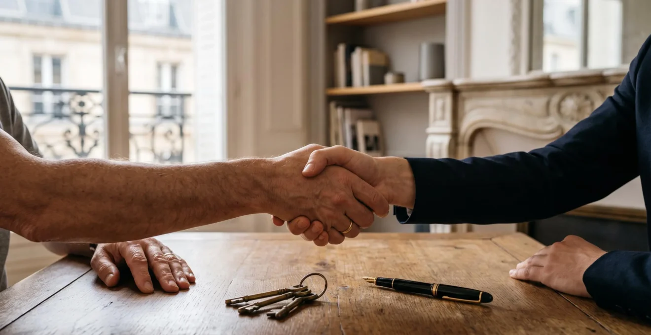 Deux mains signant un contrat de location sur une table en bois, symbolisant l'équilibre entre propriétaire et locataire