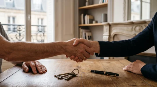 Deux mains signant un contrat de location sur une table en bois, symbolisant l'équilibre entre propriétaire et locataire