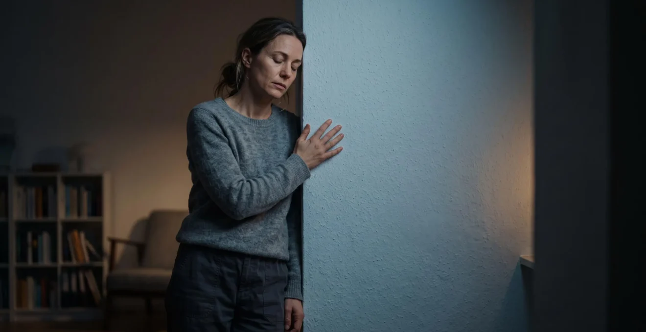 Personne debout dans un appartement sombre, la main posée contre un mur mitoyen, symbolisant deux années de nuisances sonores subies en silence