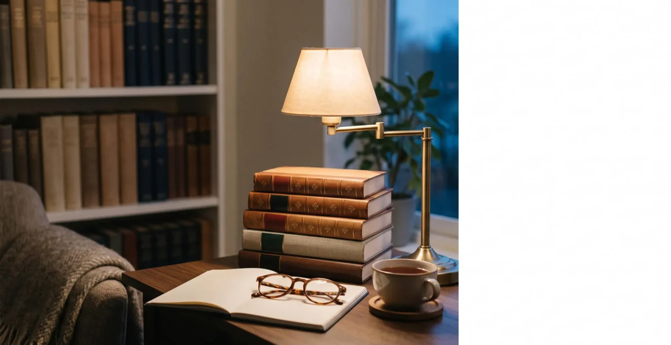 Une lampe de bureau chaude eclaire des livres de reference neutres et une paire de lunettes, symbole d'une recherche d'information juridique fiable et sereine