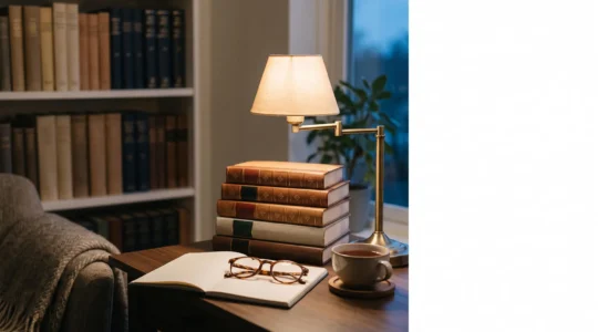 Une lampe de bureau chaude eclaire des livres de reference neutres et une paire de lunettes, symbole d'une recherche d'information juridique fiable et sereine