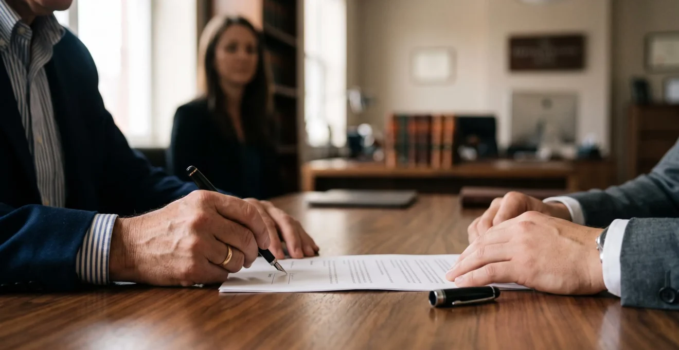 Deux mains s'apprêtant à signer un document contractuel important sur un bureau en bois, symbolisant l'engagement juridique et le risque de vice de consentement