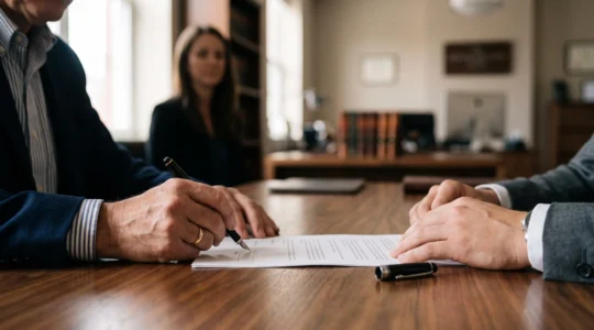 Deux mains s'apprêtant à signer un document contractuel important sur un bureau en bois, symbolisant l'engagement juridique et le risque de vice de consentement