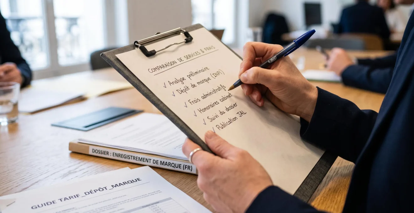 Mains d'une dirigeante cochant une grille de critères de comparaison posée sur une table avec des documents tarifaires.