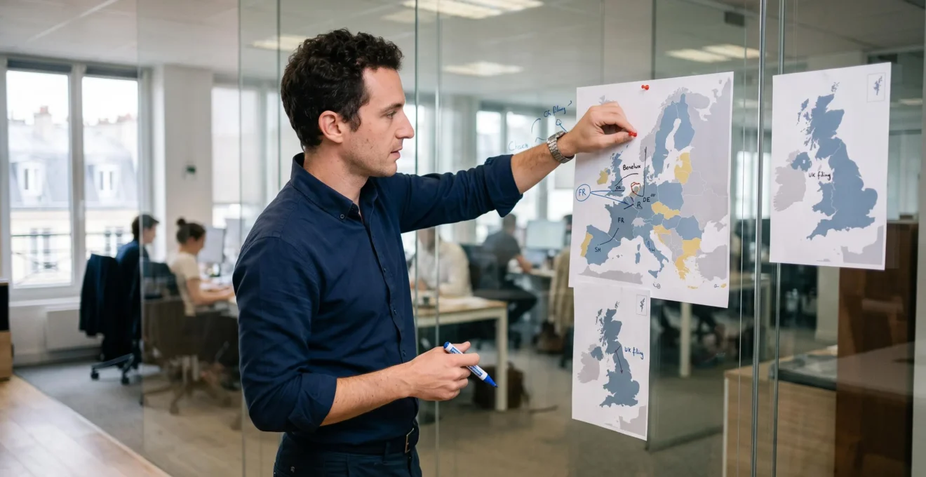 Un mandataire en propriété industrielle fixe des cartes de l'Union européenne et du Royaume-Uni sur une paroi vitrée de bureau.